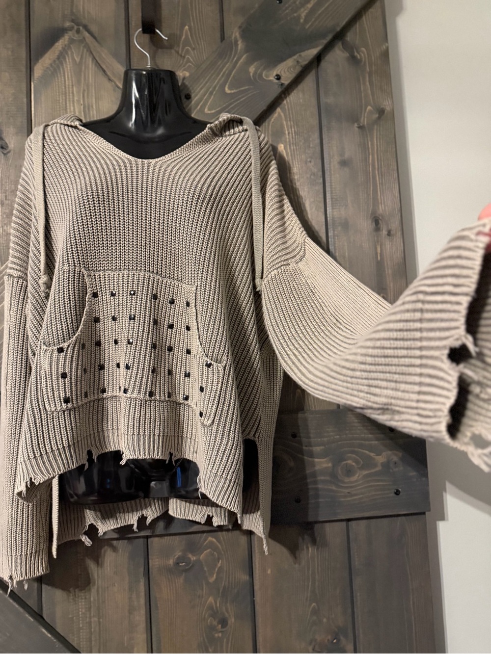Vintage Havana Distressed Knit Cowl Neck Sweater - Beige